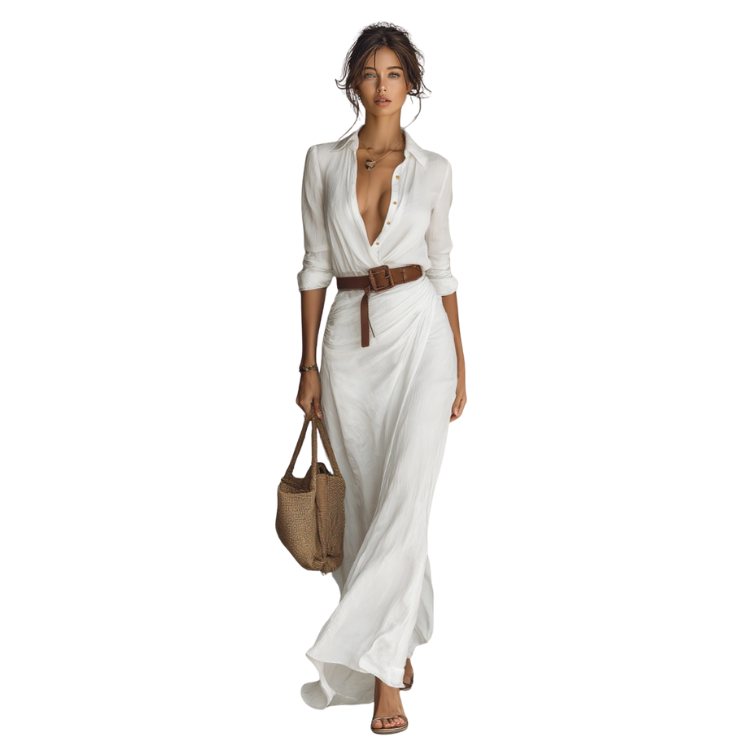 Ana™ | Vestido Maxi Largo Con Cuello De Solapa Cinturón Incluido