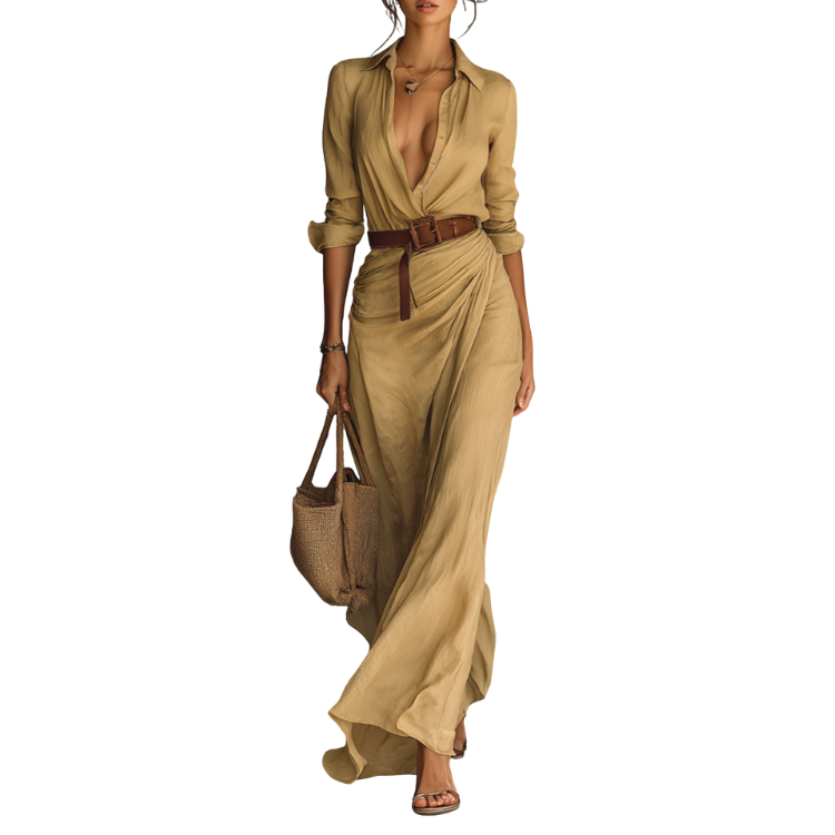 Ana™ | Vestido Maxi Largo Con Cuello De Solapa Cinturón Incluido
