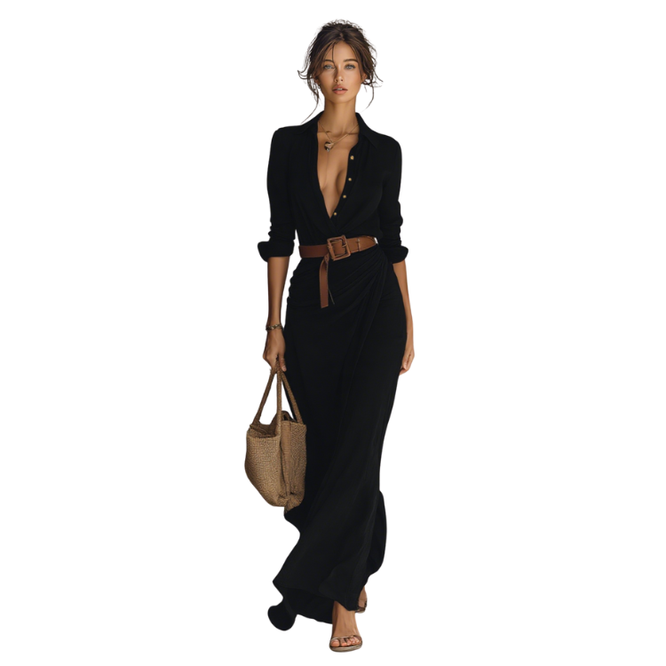 Ana™ | Vestido Maxi Largo Con Cuello De Solapa Cinturón Incluido