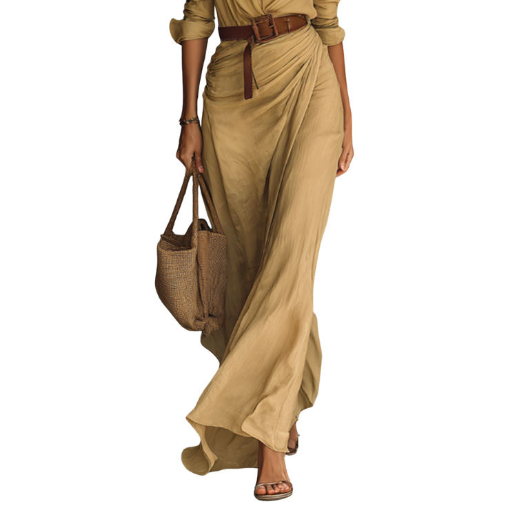 Ana™ | Vestido Maxi Largo Con Cuello De Solapa Cinturón Incluido