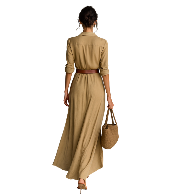 Ana™ | Vestido Maxi Largo Con Cuello De Solapa Cinturón Incluido