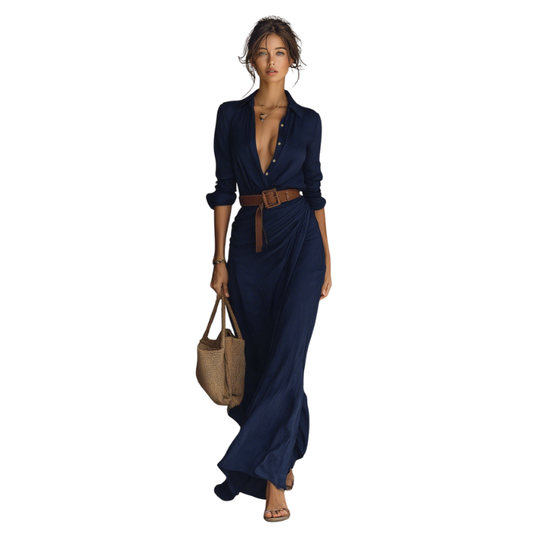 Ana™ | Vestido Maxi Largo Con Cuello De Solapa Cinturón Incluido
