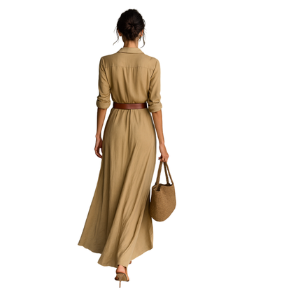 Ana™ | Vestido Maxi Largo Con Cuello De Solapa Cinturón Incluido